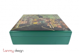 Green rectangle lacquer box hand-painted with old quarter 27x30cm